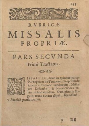 Rvbricae Missalis Propriae. Pars Secvnda Primi Tractatus.