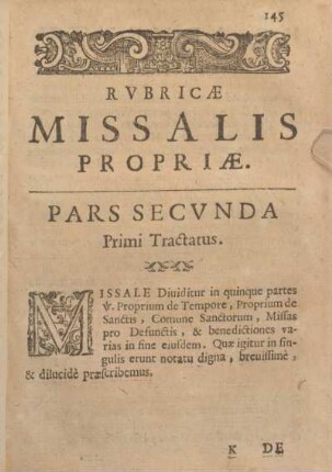 Rvbricae Missalis Propriae. Pars Secvnda Primi Tractatus.