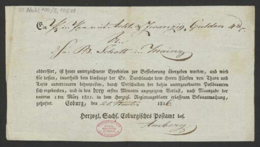 Bescheinigung über Beförderung von Geld