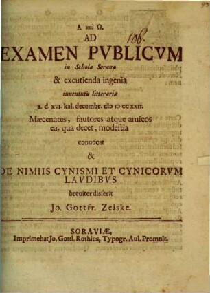 [Programma quo] ... de nimiis cynismi et cynicorum laudibus breviter disserit