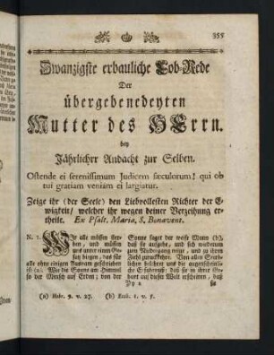 355-392, Zwanzigste erbauliche Lob-Rede der uebergebenedeyten Mutter des Herrn bey Jaehrlicher Andacht zur Selben - Einundzwanzigste erbauliche Lob-Rede des Heiligen Bischoff, und Kirchen-Lehrer Augustini