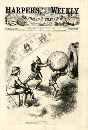 The advanced age. Mercury. "What under the sun are you doing?" Mars. "Mortals will make such big guns, and this is the consequence." : Mars lädt eine Kanone mit einer Erdkugel, die Atlas auf den Schultern trägt