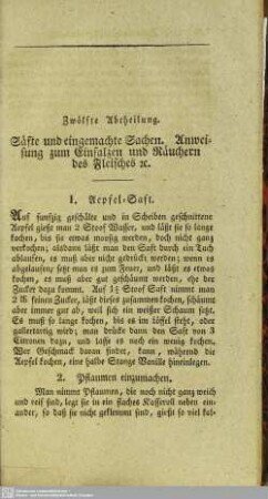 Zwölfte Abtheilung. Säfte und eingemachte Sachen, Anweisung zum Einsalzen und Räuchern des Fleisches