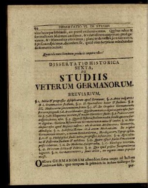 Dissertatio Historica Sexta, De Studiis Veterum Germanorum.