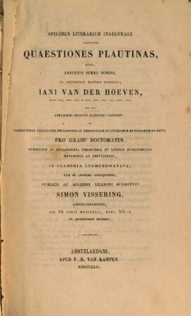 Specimen literarium inaugurale continens quaestiones Plautinas, 1