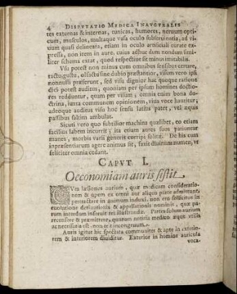 Caput I. Oeconomiam auris sistit. - Caput V. Tradit Therapiam affectuum aurium in genere.