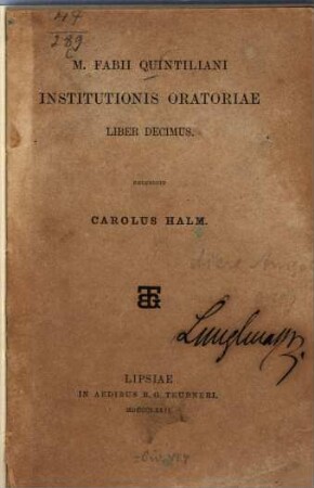 M. Fabii Quintiliani Institutionis oratoriae liber 10