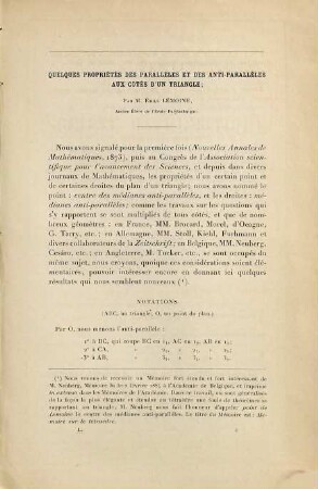 (Opuscules géométriques), [8]. Quelques propriétés des parallèles et des anti-parallèles aux cotés d'un triangle