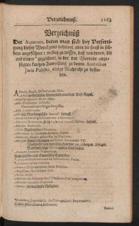 Verzeichnüß Der Autorum, deren man sich bey Verfertigung dieses Werckgens bedienet, ...