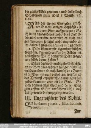 III. Ungewißheit des Todts.
