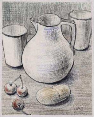 Kanne, Becher, Kirschen, Brötchen