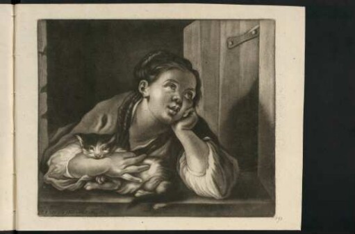 197r-197v, Junges Mädchen mit Katze am Fenster (Schabkunstblatt)