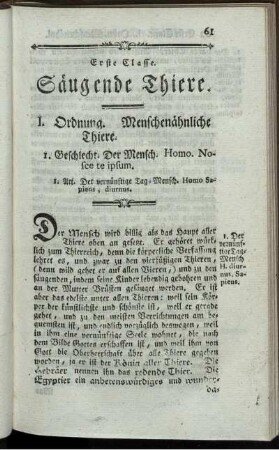 I. Ordnung. Menschenähnliche Thiere.