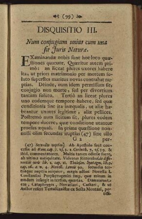 Disquisitio III. Num conjugium unius cum una sit Juris Naturæ.