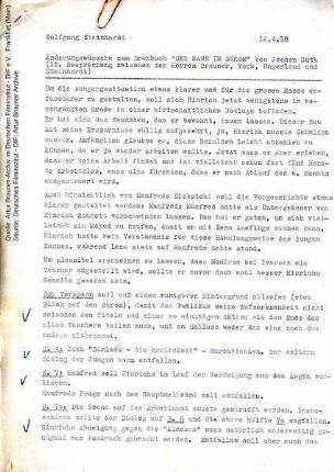 Anmerkungen zum Drehbuch, mit handschriftlichen Vermerken von Artur Brauner
