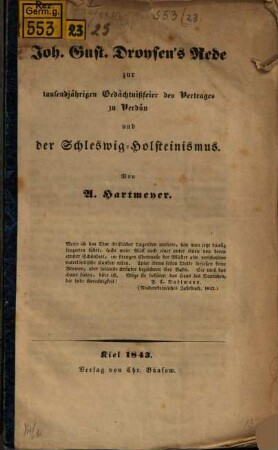 Joh. Gust. Droysen's Rede zur tausendjährigen Gedächtnißfeier des Vertrags zu Verdün und der Schleswig-Holsteinismus