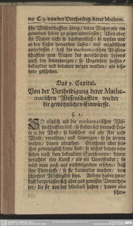 Das 9. Capitul. Von der Vertheidigung derer Mathematischen Wissenschafften wieder die gewöhnlichen Einwürffe
