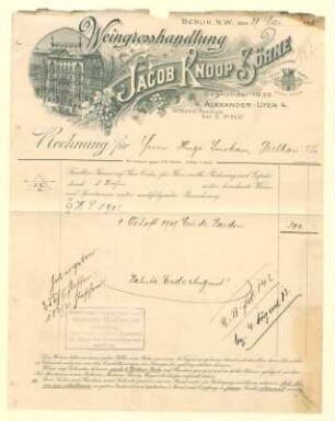 Brief - Rechnung von Weingrosshandlung J. Knoop & Söhne an Hugo Surkau, Drebkau