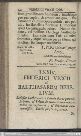 LXXIV. Friderici Viccii ad Balthasarem Bebelium