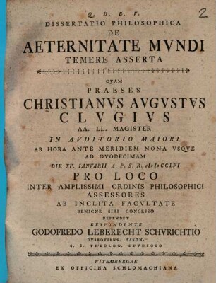 Dissertatio Philosophica De Aeternitate Mvndi Temere Asserta