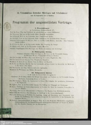 44. Versammlung Deutscher Philologen und Schulmänner vom 29. September bis 2. Oktober : Programm der angemeldeten Vorträge