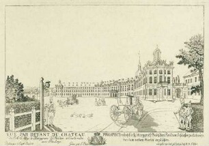 Prospect des Hochfürstl. Marggräfl. Badischen Residenz Schlosses zu Carlsruhe von dem vorderen Garten anzusehen - Vue par devant du château de S. A. S. Msgr. le Marggrave de Baden a Carlsruhe