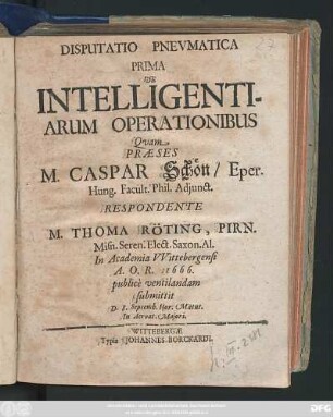 Disputatio Pneumatica Prima De Intelligentiarum Operationibus