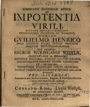 Dissertatio Inauguralis Medica De Impotentia Virili