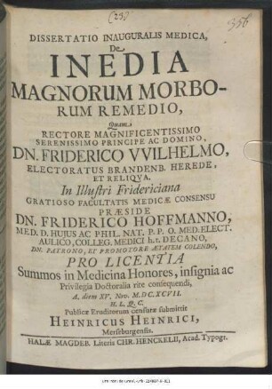Dissertatio Inauguralis Medica, De Inedia Magnorum Morborum Remedio
