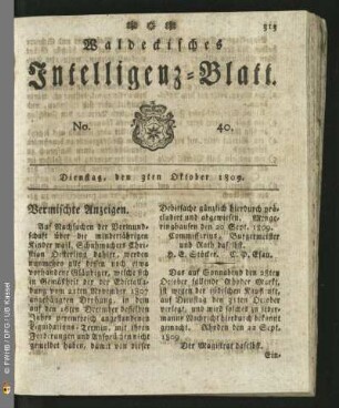 No. 40. Dienstag, den 3ten Oktober 1809