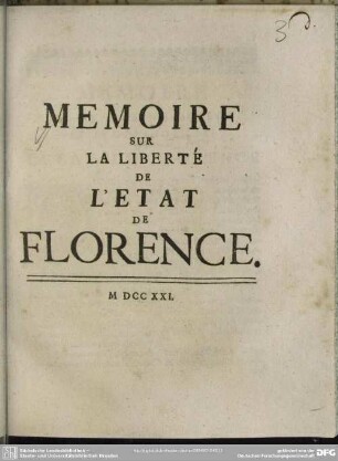 Memoire Sur La Liberté De L'Etat De Florence