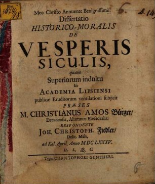 Dissertatio Historico-Moralis De Vesperis Siculis