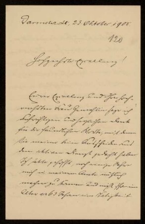 120: Brief von Gustav Dittmar an Gottlieb Planck, Darmstadt, 23.10.1905