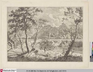 [Landschaft mit zwei Frauen in einem Boot; Landscape with two women in a boat]