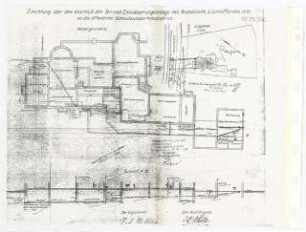 Landhaus Weber, Berlin-Nikolassee Umbau: Lageplan, Kellergrundriss, Schnitt, Anschluss Be- und Entwässerungsanlage, 1:500