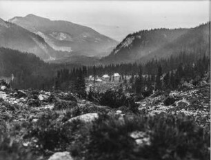 Talblick : Blick in ein bewaldetes Tal mit Hütten