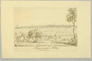 Stadtansicht von Leipzig von Osten über Wiesen und Felder, im Vordergrund Bauern bei der Heuernte