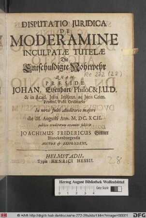 Disputatio Iuridica De Moderamine Inculpatae Tutelae