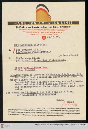 Korrespondenz von Alice und Ludwig Klein: Brief von Max Klein an Irmgard Klein und Kurt Klein