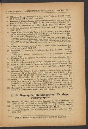 II. Bibliographie. Handschriften. Kataloge. Palaeographie