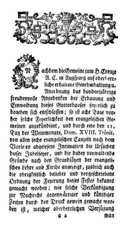 Beschreibung der Auszierungen der evangelischen Pfarrkirche zum Heil. Creuze in Augspurg, an dem hundertjährigen Dank- und Freudenfeste, den 28. des Weinmonats, 1753