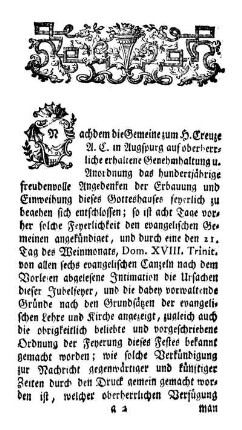Beschreibung der Auszierungen der evangelischen Pfarrkirche zum Heil. Creuze in Augspurg, an dem hundertjährigen Dank- und Freudenfeste, den 28. des Weinmonats, 1753