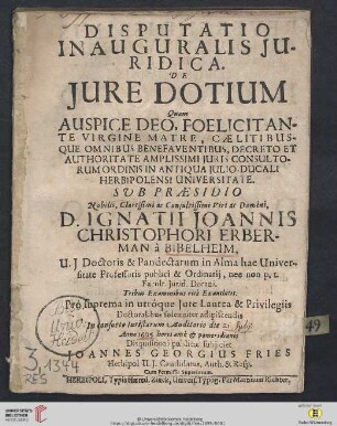 Disputatio Inauguralis Iuridica. De Iure Dotium
