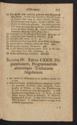 IV. Fasces CXXIX Disputationum, Programmatum aliorumque Tractatuum singularium