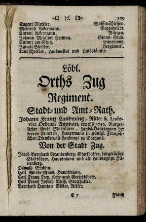 Löbl. Orths Zug Regiment. - Löbl. Orth Glarus Regiment.