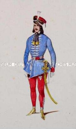 Mann in blauer Uniformjacke, roten Beinlingen und mit umgegürtetem Säbel- Tafel aus Franceschini/Kostümbilder (Kassette 2)
