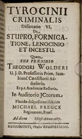 Dissertatio VI. De Stupro, Fornicatione, Lenocinio Et Incestu