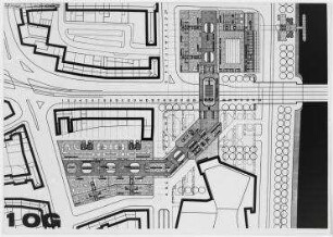 Beschränkter Wettbewerb Brückenkopf der Kennedybrücke (nicht realisiert) – Grundriss 1. OG. Bonn
