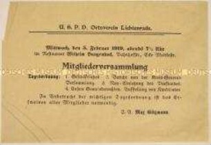 Handzettel der USPD Ortsverein Lichtenrade mit Einladung zur Mitgliederversammlung im Restaurant Wilhelm Bungenstock