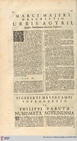 Sigeberti Havercampi introductio & commentarius in Philippi Parutae numismata Agyrinensia